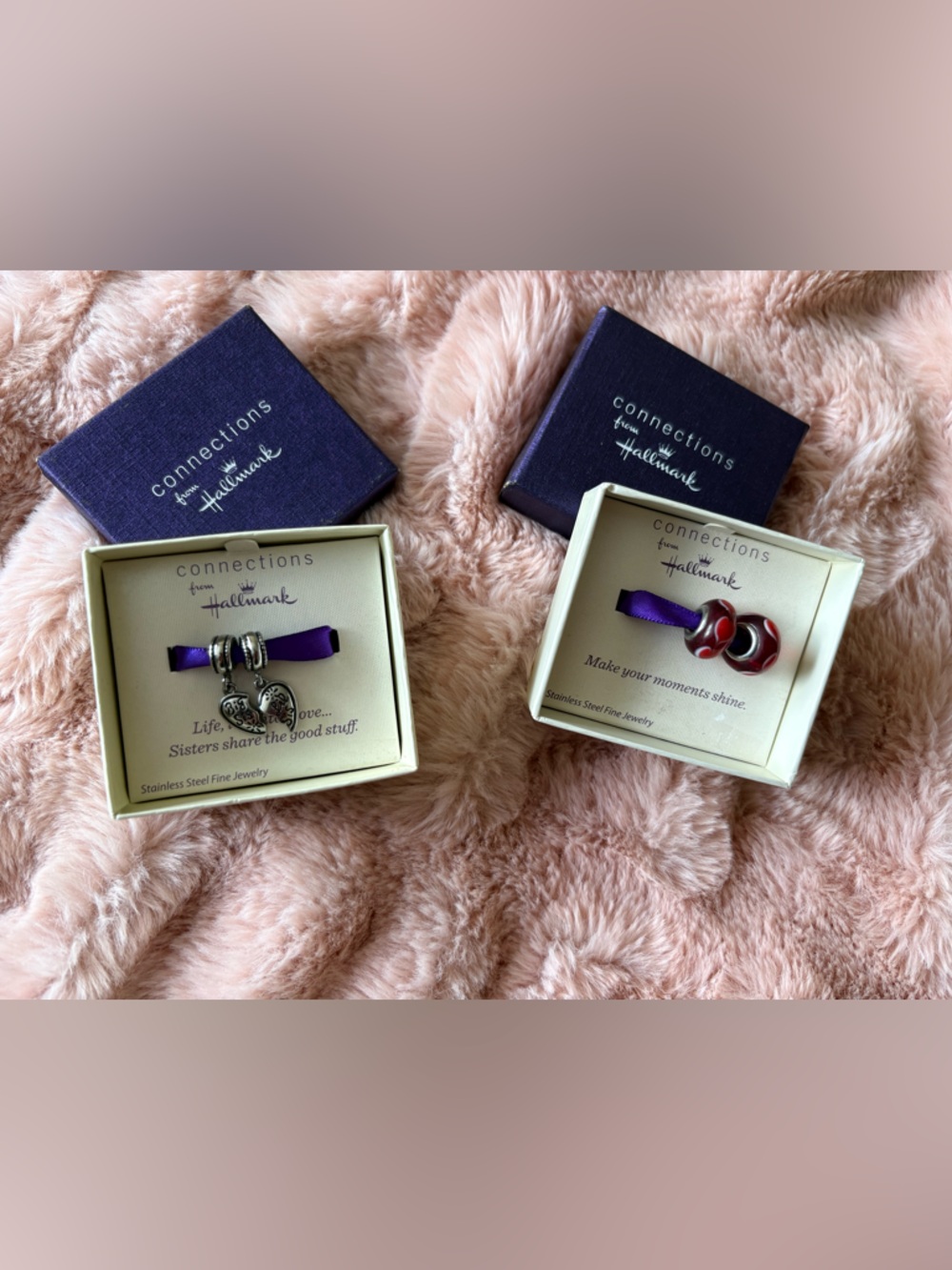 Hallmark Connections Silver Charms with Purple Ribbon and Red Enamel Beads